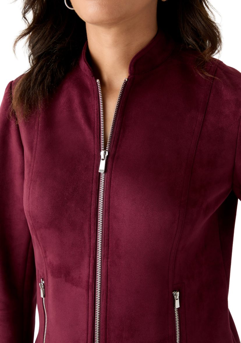 Womens Zip Front Collarless Vegan Suede Jacket
