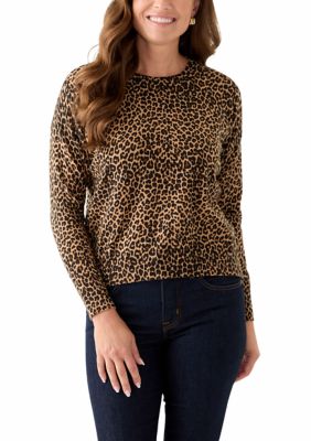 PHILOSOPHY BY REPUBLIC Women's Petite Long Sleeve Crew Neck Leopard Print Pullover