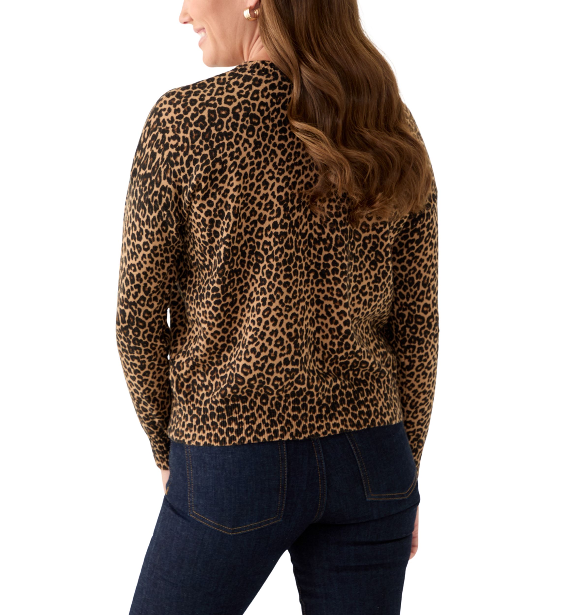 Petite Long Sleeve Crew Neck Leopard Print Pullover