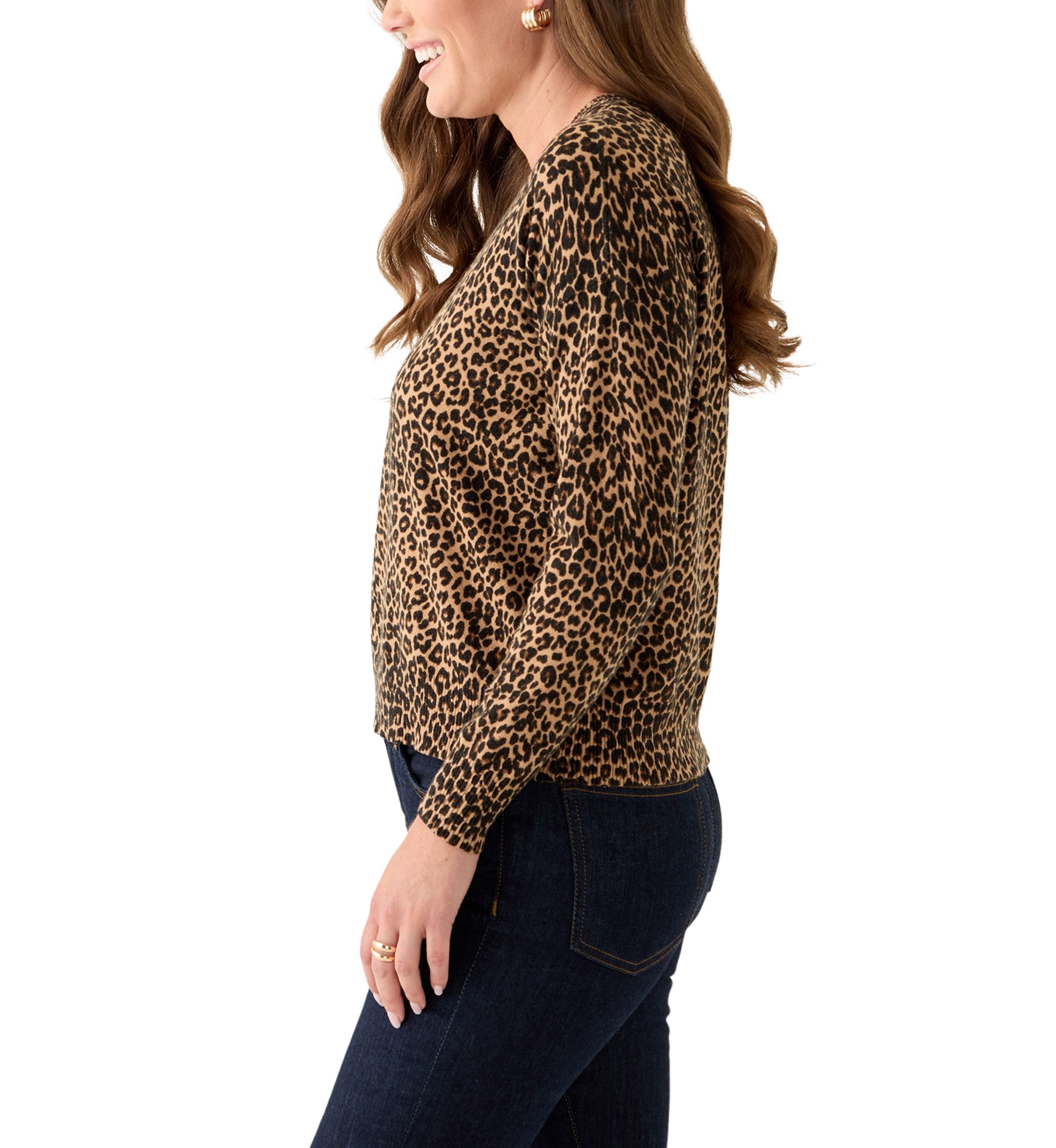 Petite Long Sleeve Crew Neck Leopard Print Pullover