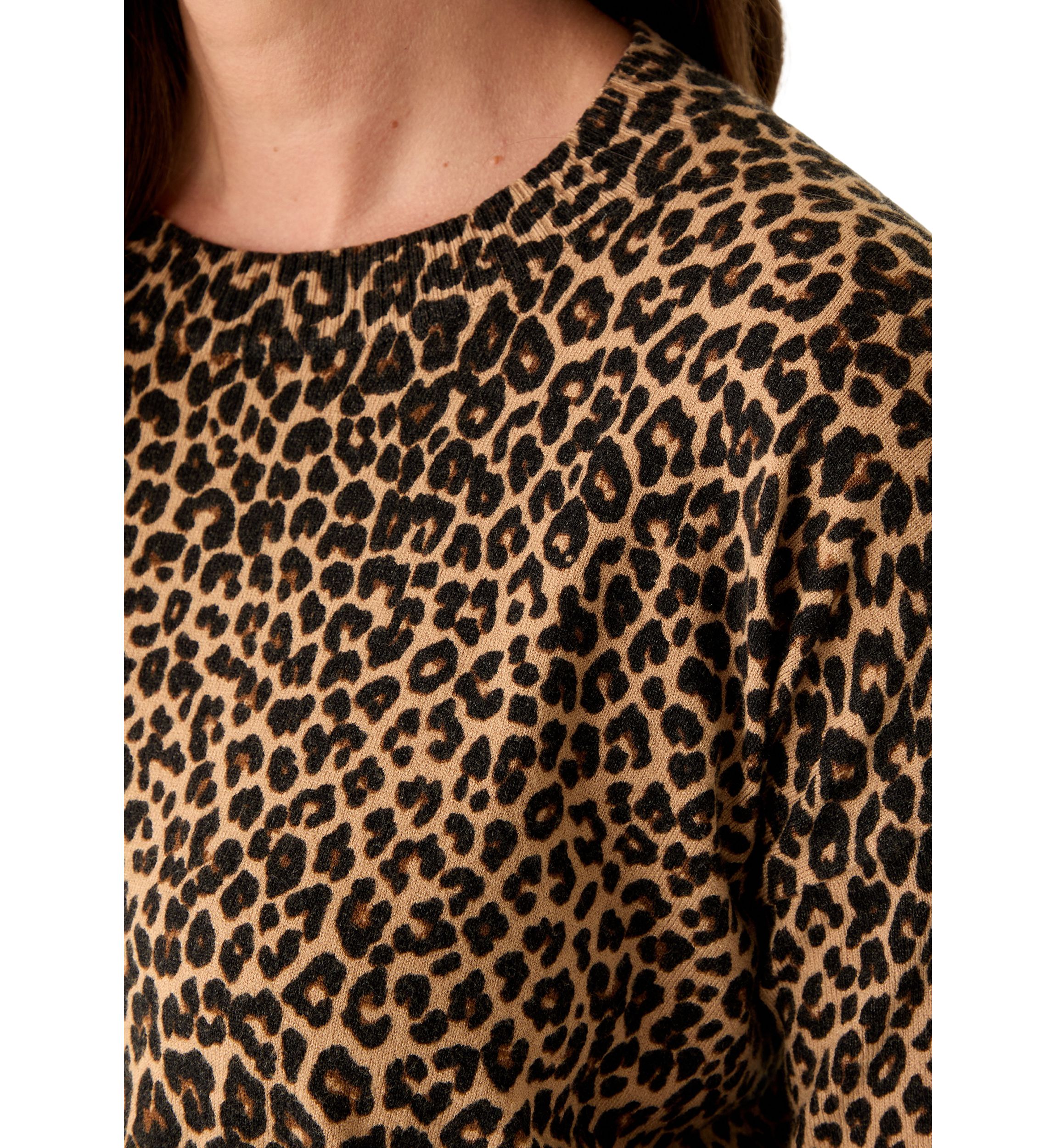 Petite Long Sleeve Crew Neck Leopard Print Pullover