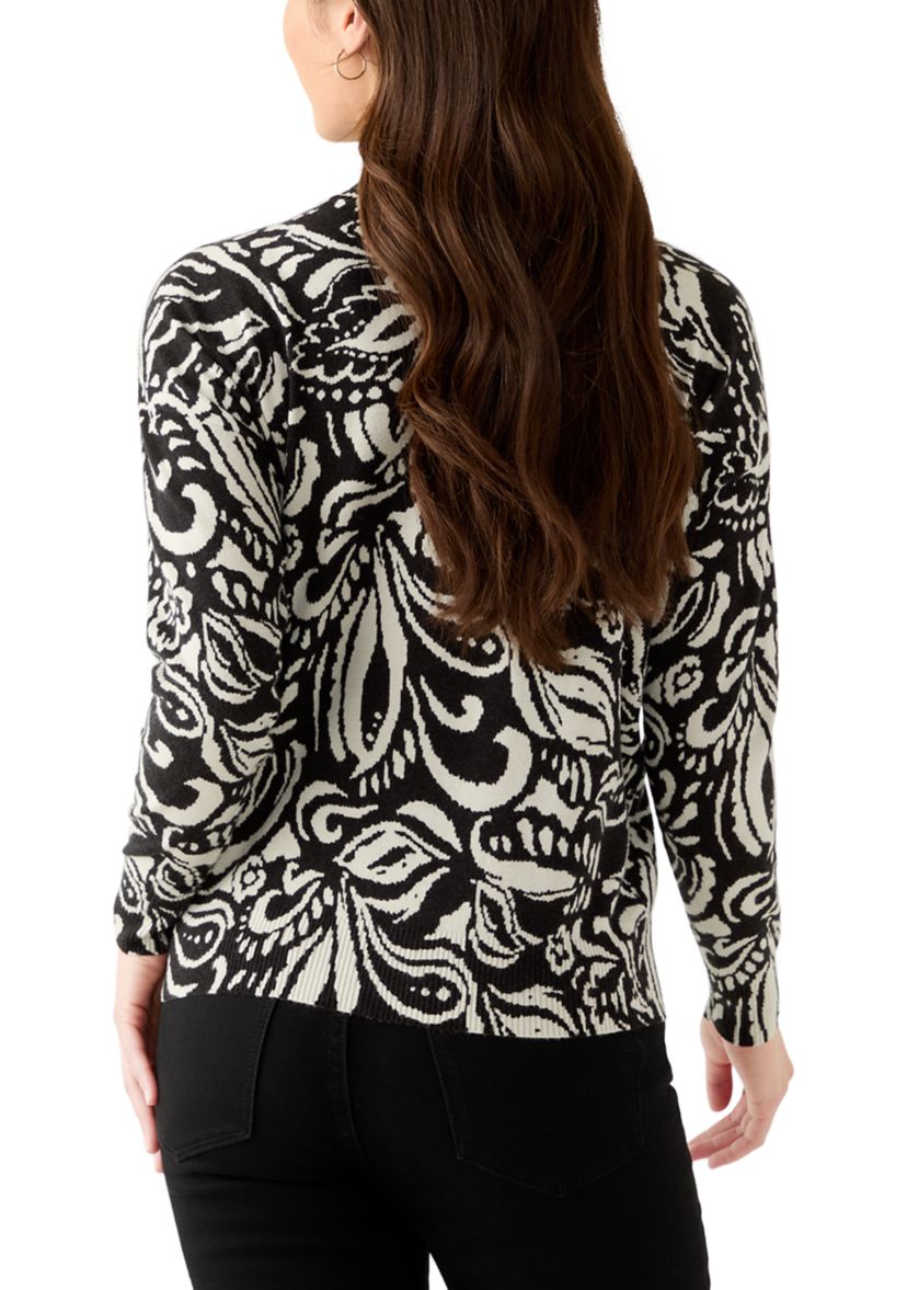 Petite Crew Neck Paisley Printed Sweater