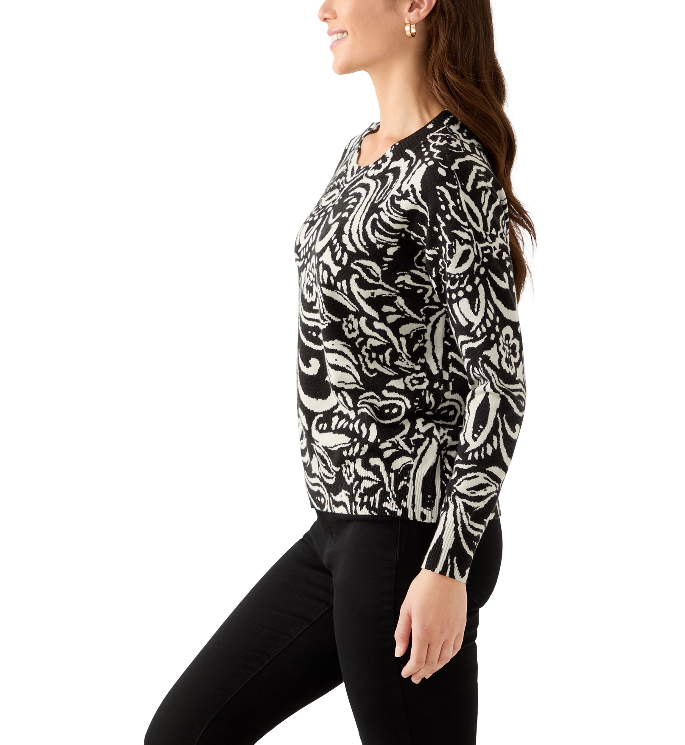 Petite Crew Neck Paisley Printed Sweater