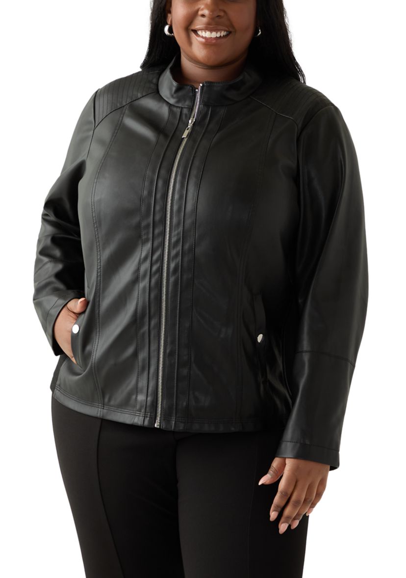 Plus Size Faux Leather Zip Front Jacket