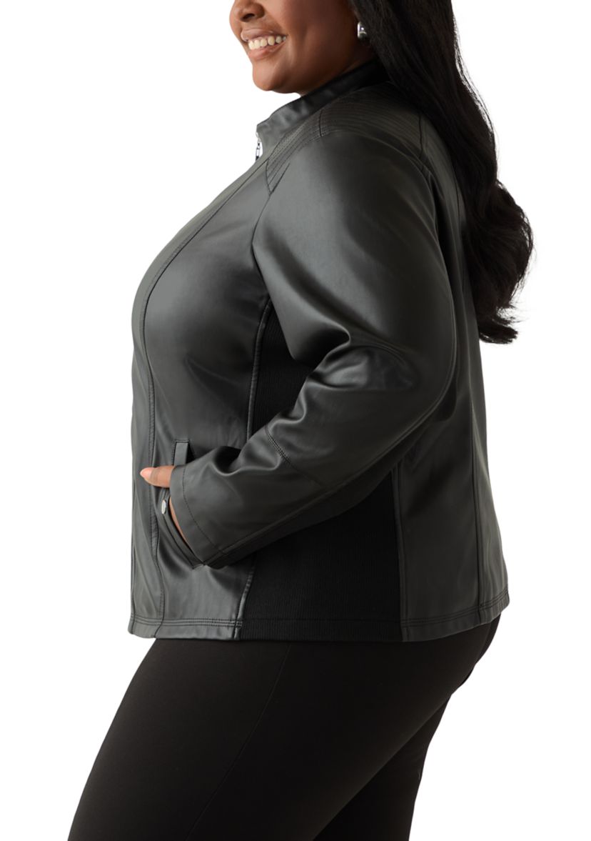 Plus Size Faux Leather Zip Front Jacket