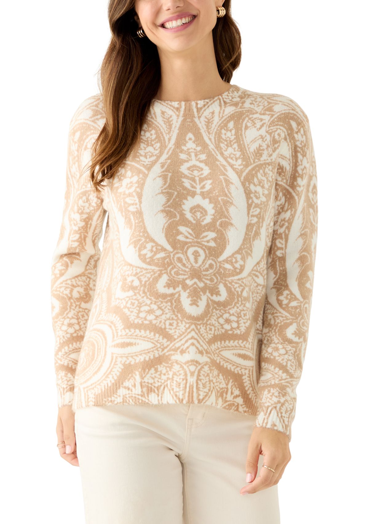 Womens Long Sleeve Printed Crew Neck Sweater