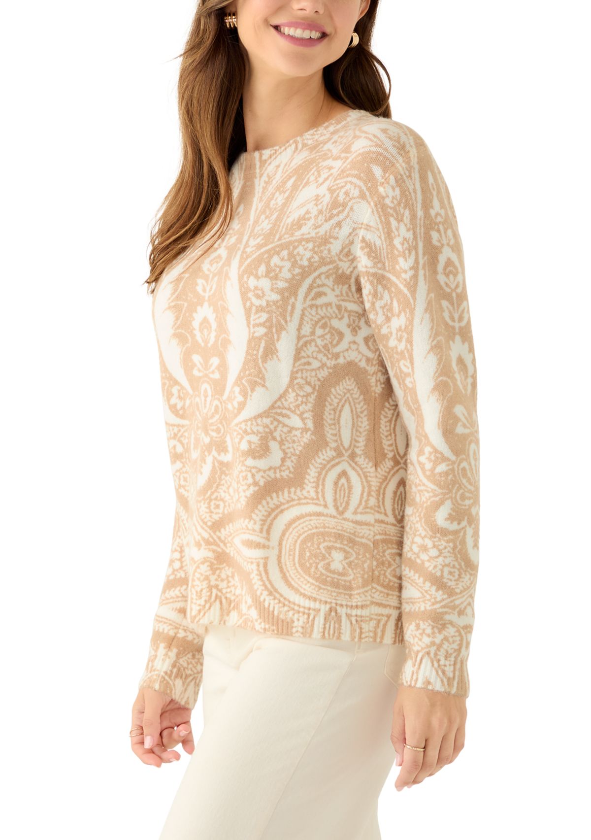 Womens Long Sleeve Printed Crew Neck Sweater