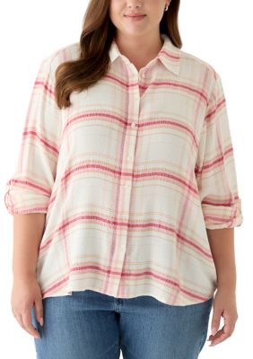 PHILOSOPHY BY REPUBLIC Women's Plus Size Roll Tab Plaid Button Down Top
