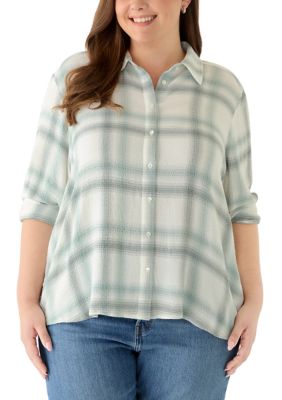 PHILOSOPHY BY REPUBLIC Women's Plus Size Roll Tab Plaid Button Down Top