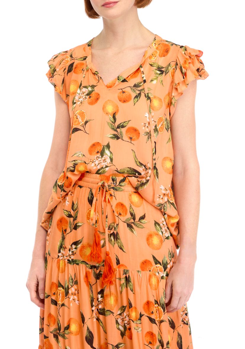 Womens Printed Flutter Sleeve Top