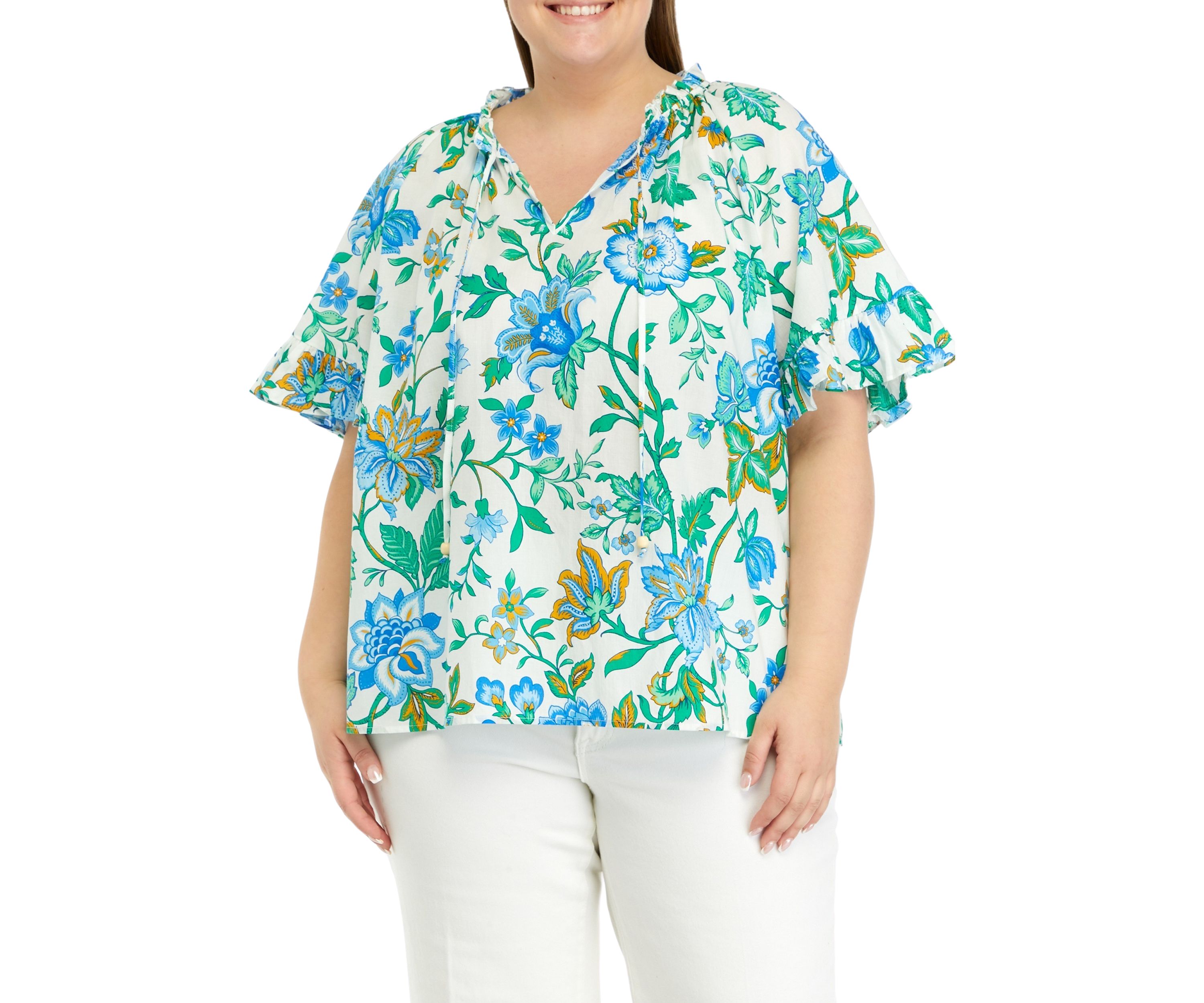 Plus Size Short Sleeve Ruffle Peasant Top