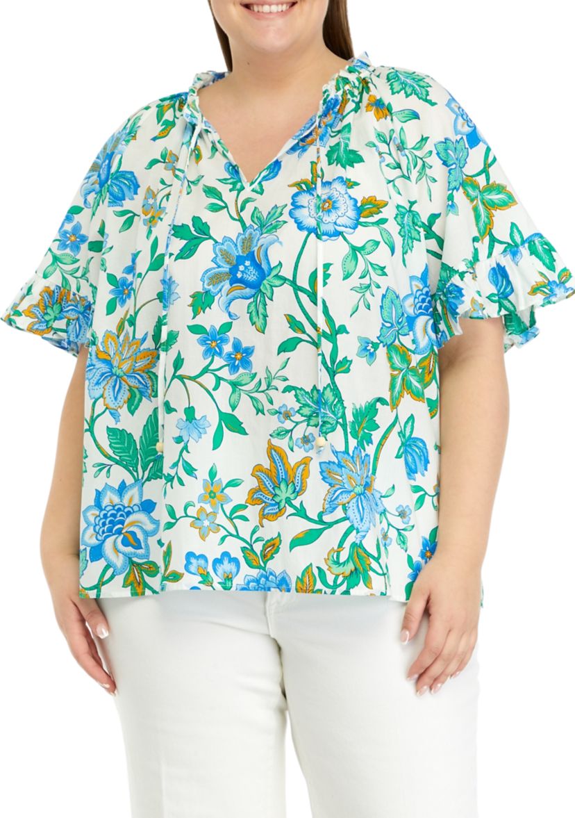 Plus Size Short Sleeve Ruffle Peasant Top