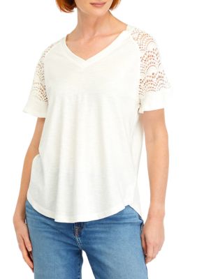 PHILOSOPHY BY REPUBLIC Women's Short Sleeve Lace V-Neck Top, White, Medium