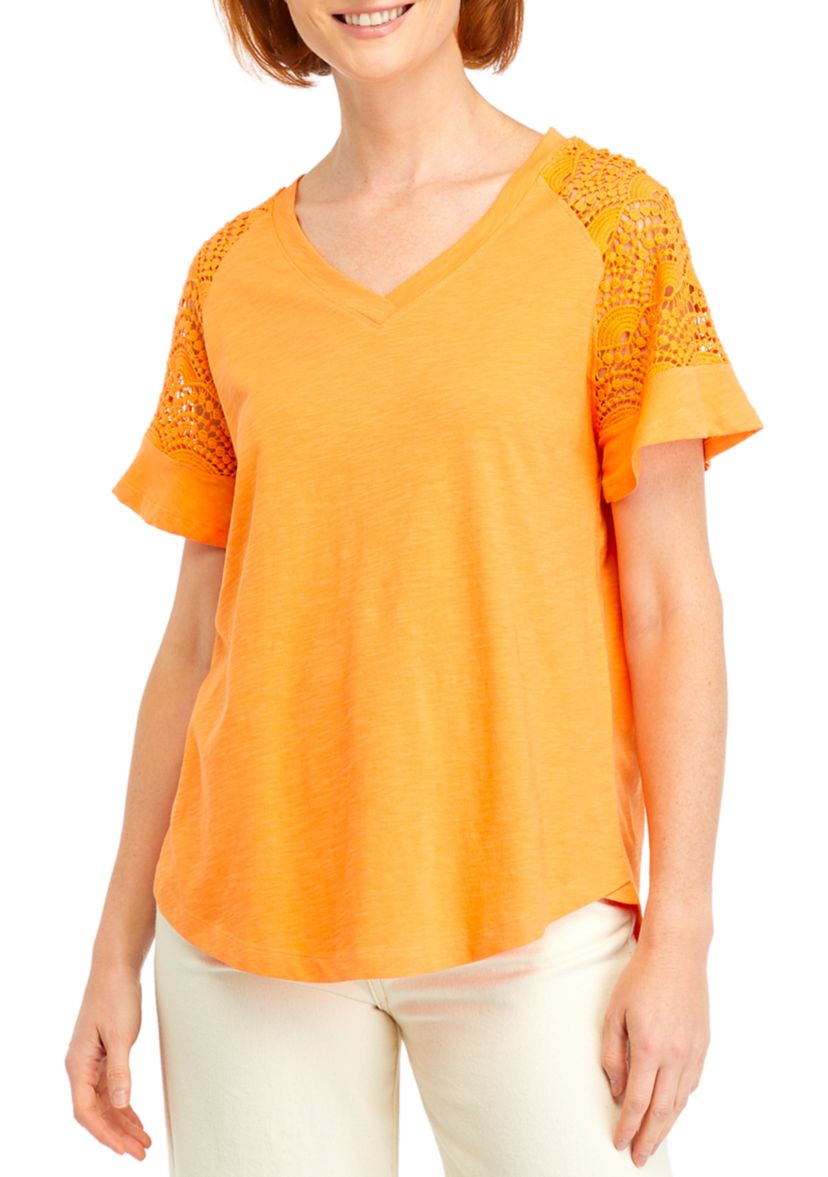 Womens Short Sleeve Lace V-Neck Top 