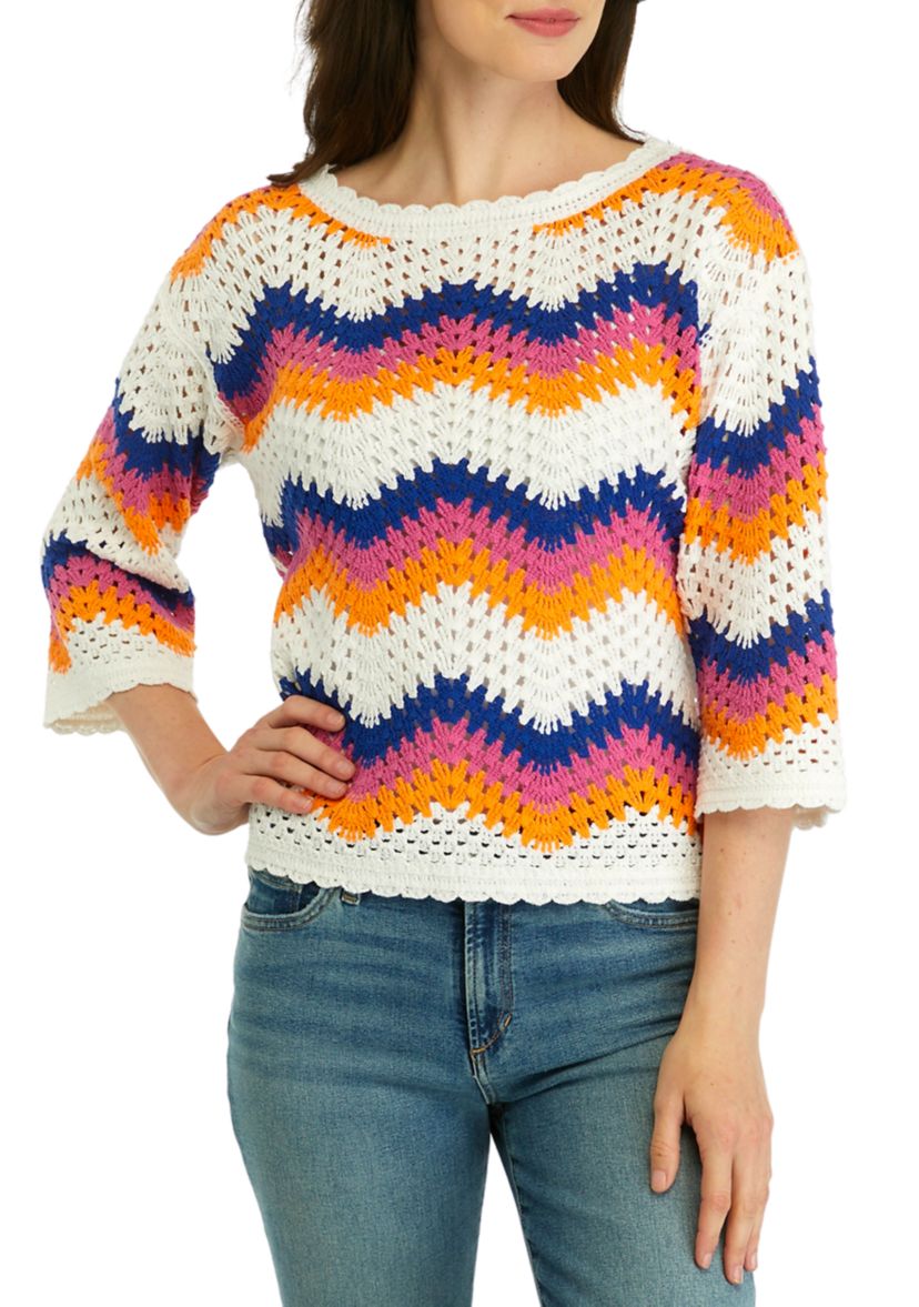 Womens Herringbone Stripe Crocheted Sweater 