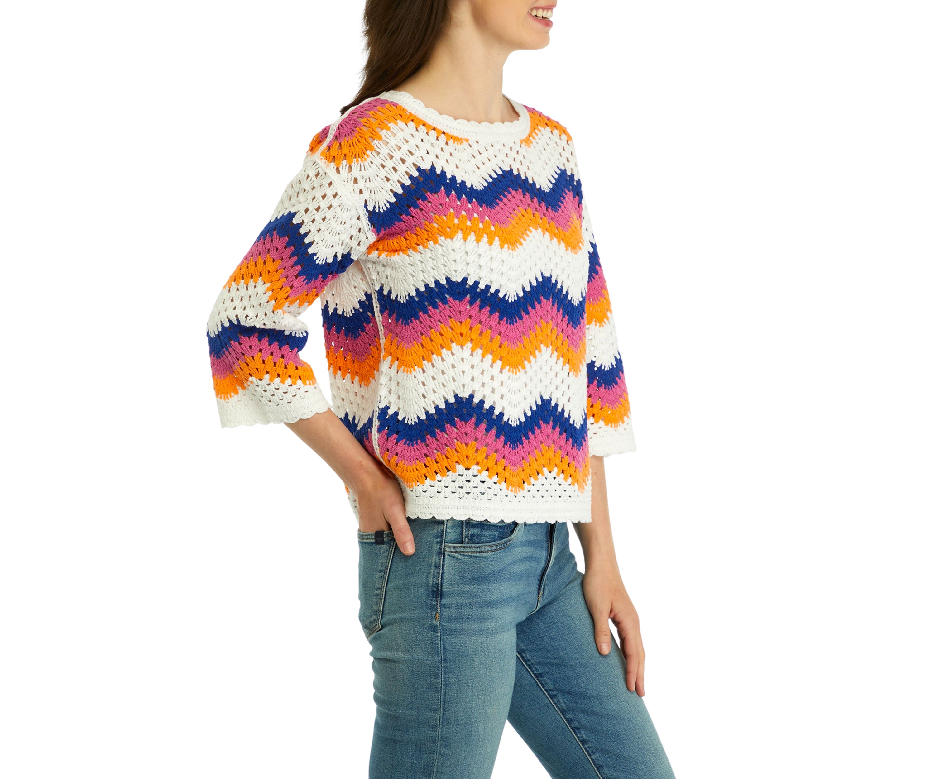 Womens Herringbone Stripe Crocheted Sweater 