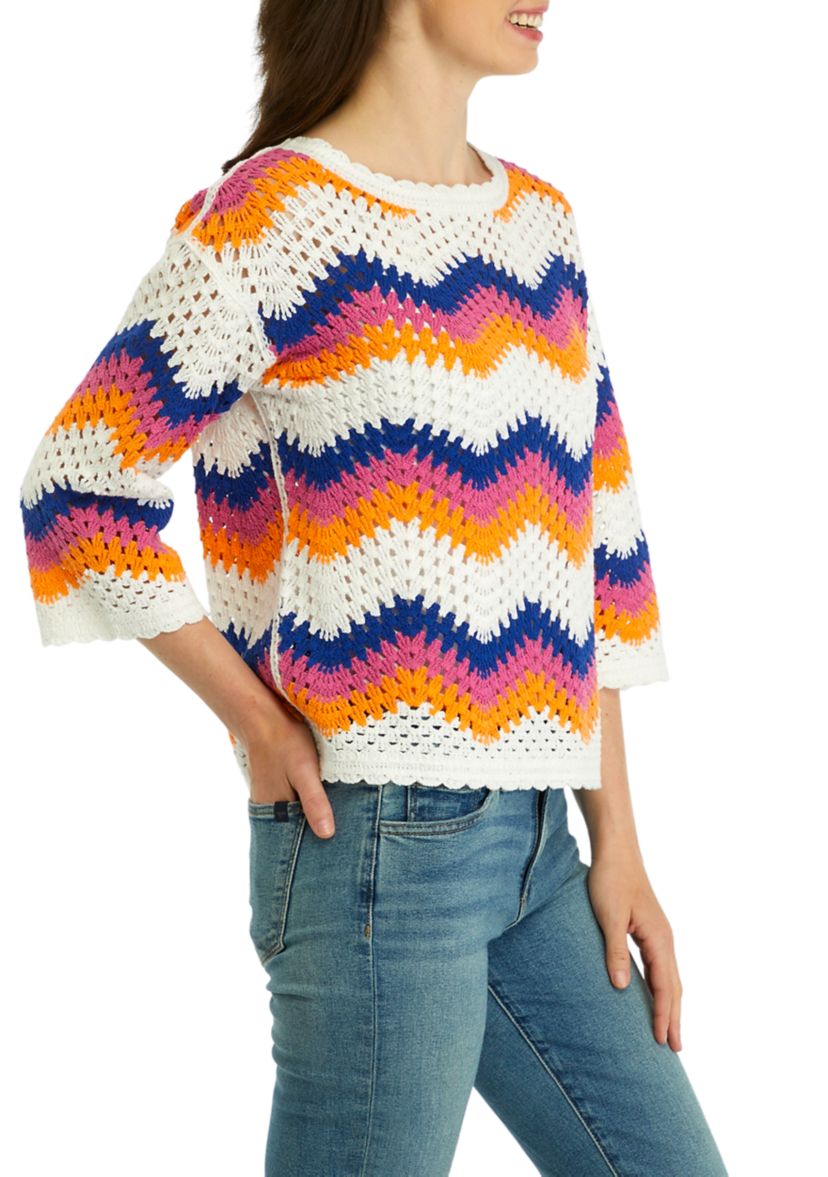 Womens Herringbone Stripe Crocheted Sweater 