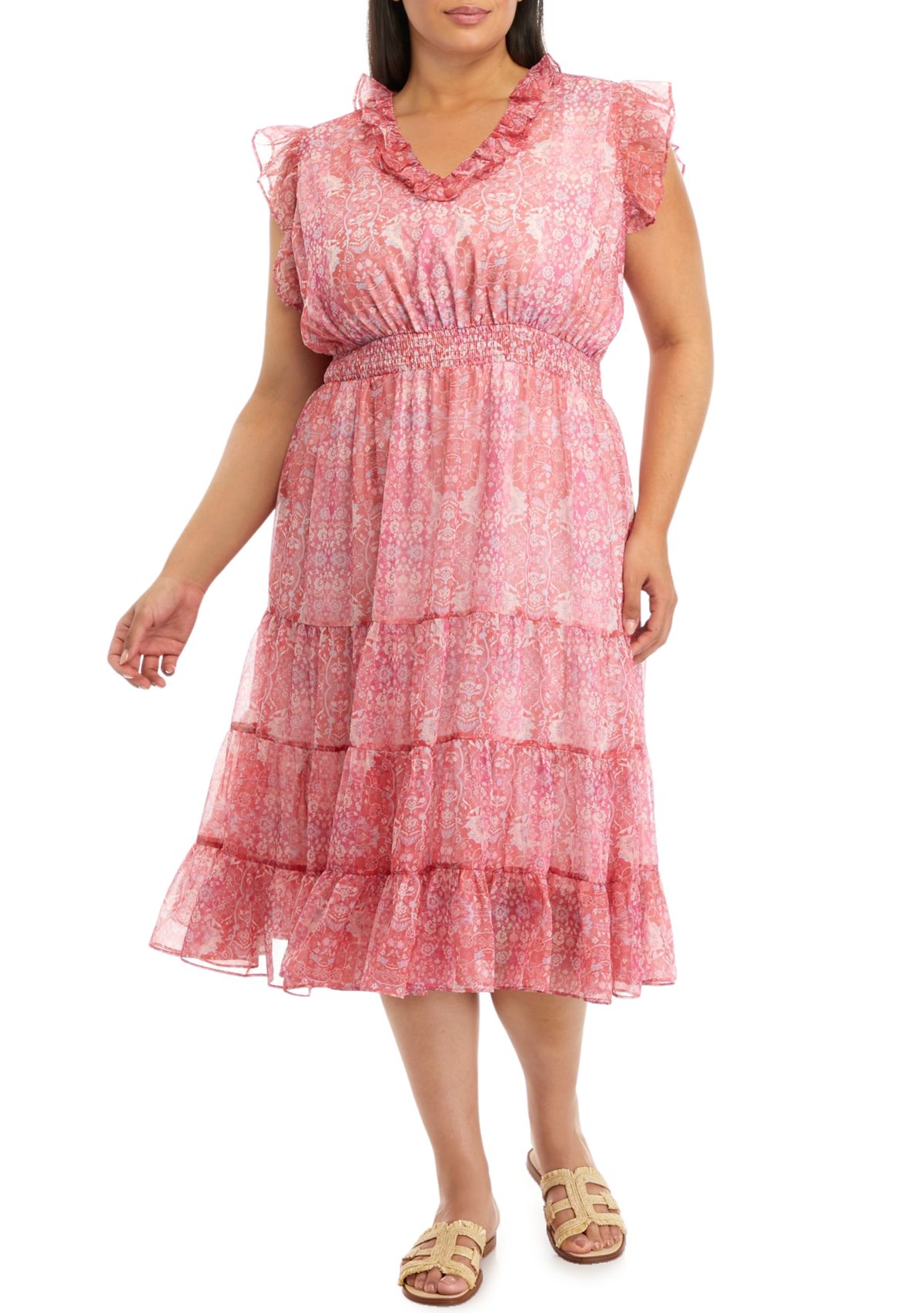 Plus Size V-Neck Tiered Dress with Flutter Sleeve and Smocked Waist 