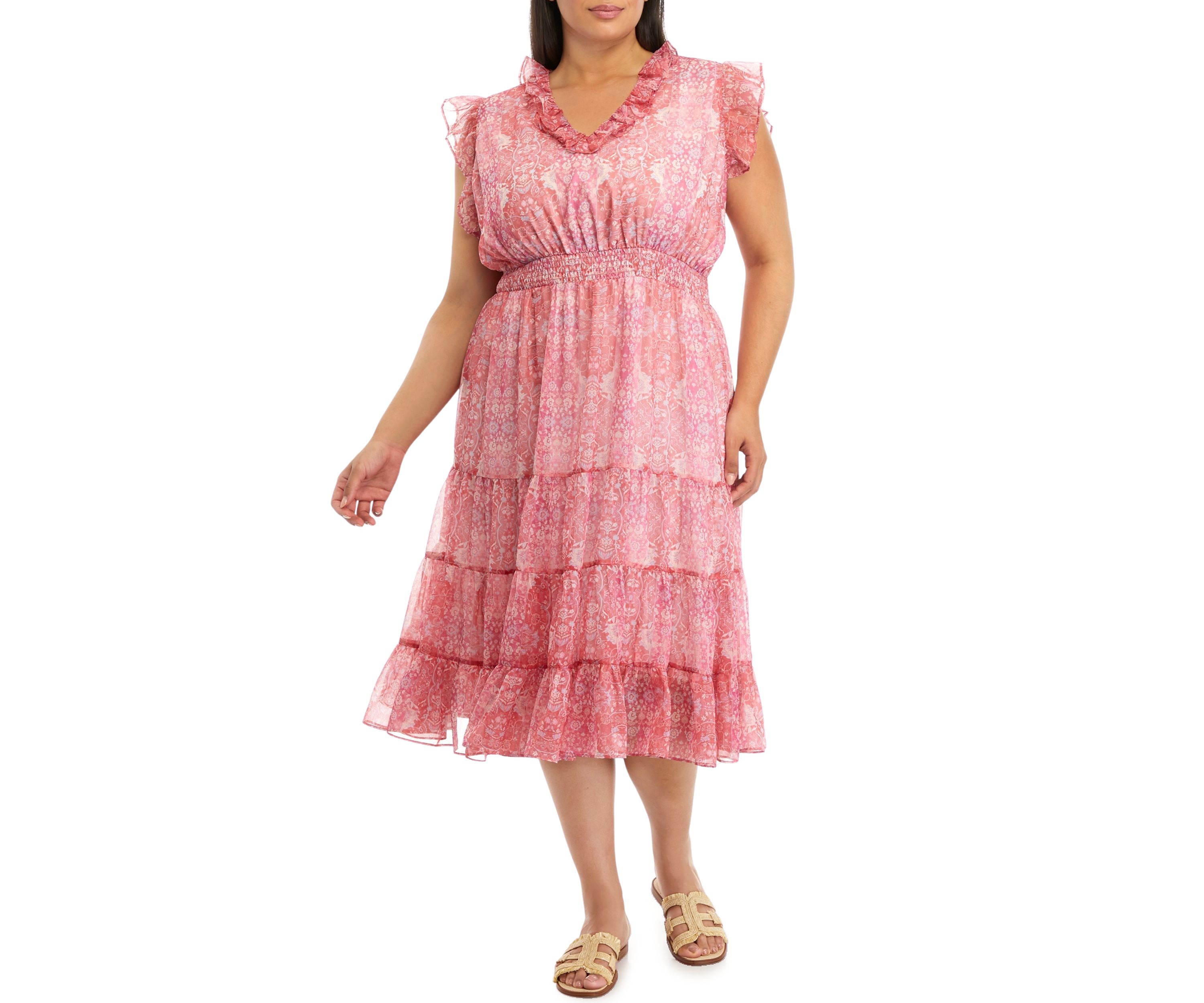 Plus Size V-Neck Tiered Dress with Flutter Sleeve and Smocked Waist 