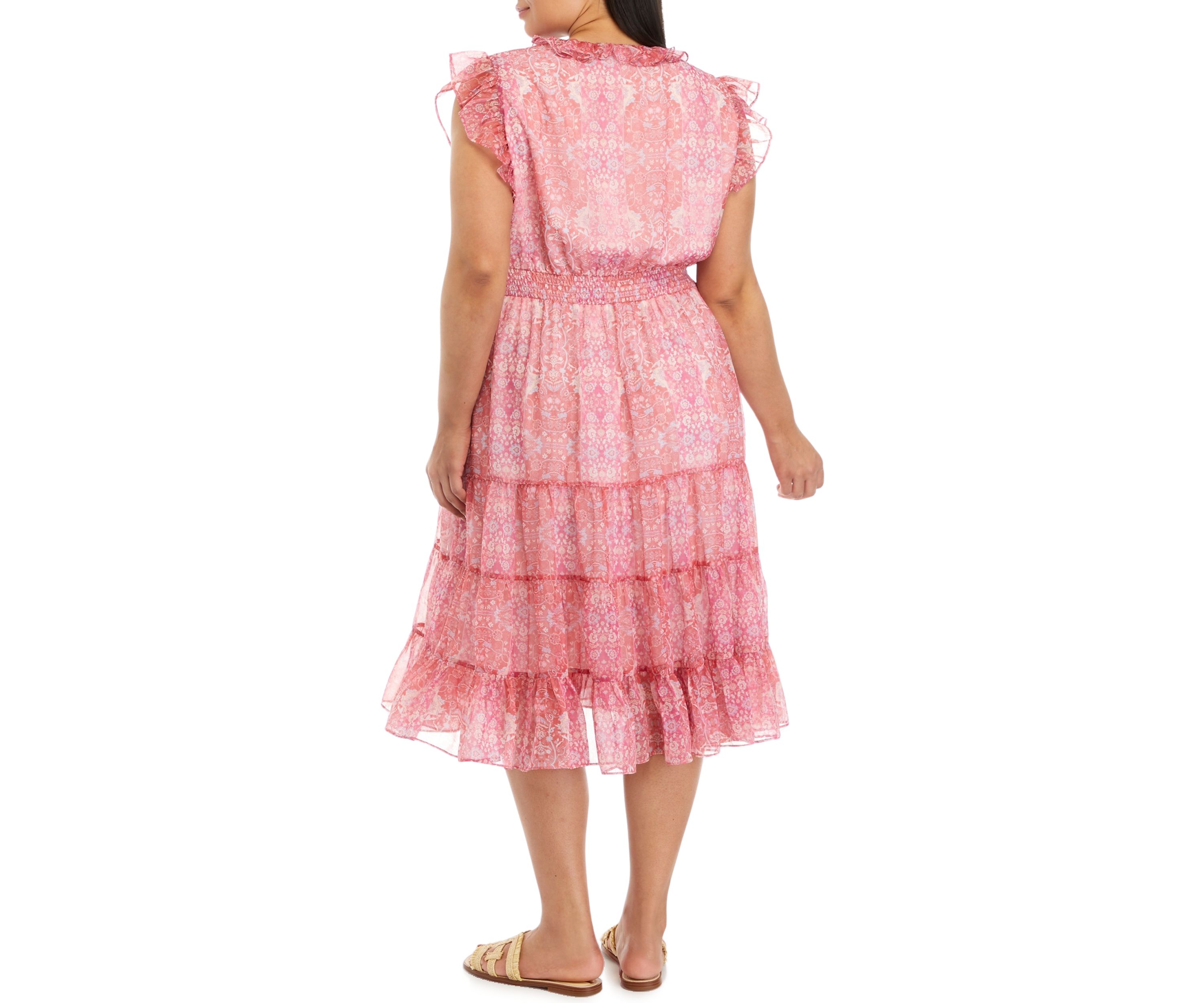 Plus Size V-Neck Tiered Dress with Flutter Sleeve and Smocked Waist 
