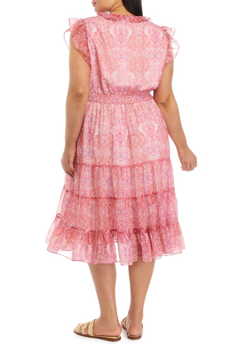 Plus Size V-Neck Tiered Dress with Flutter Sleeve and Smocked Waist 