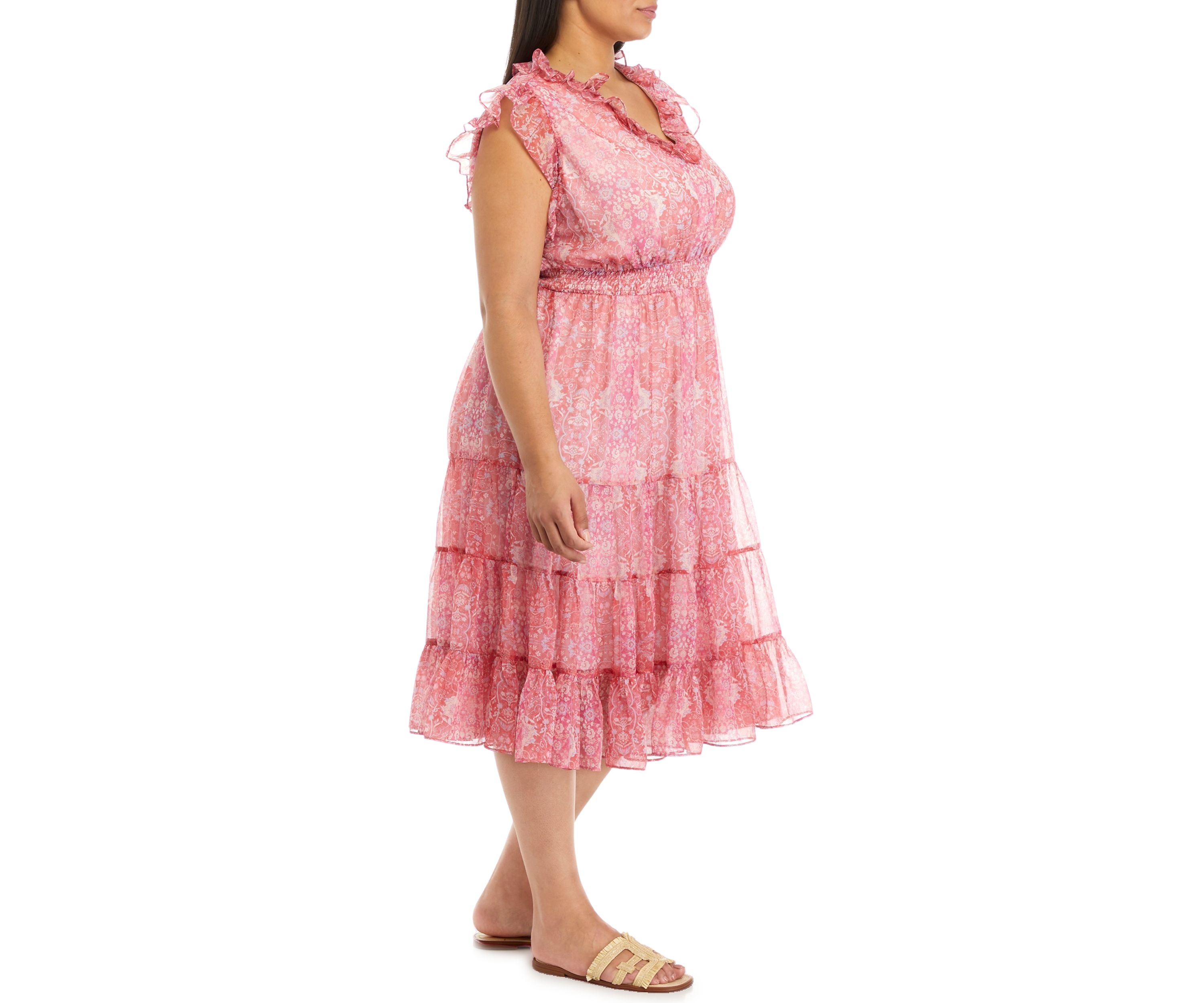 Plus Size V-Neck Tiered Dress with Flutter Sleeve and Smocked Waist 