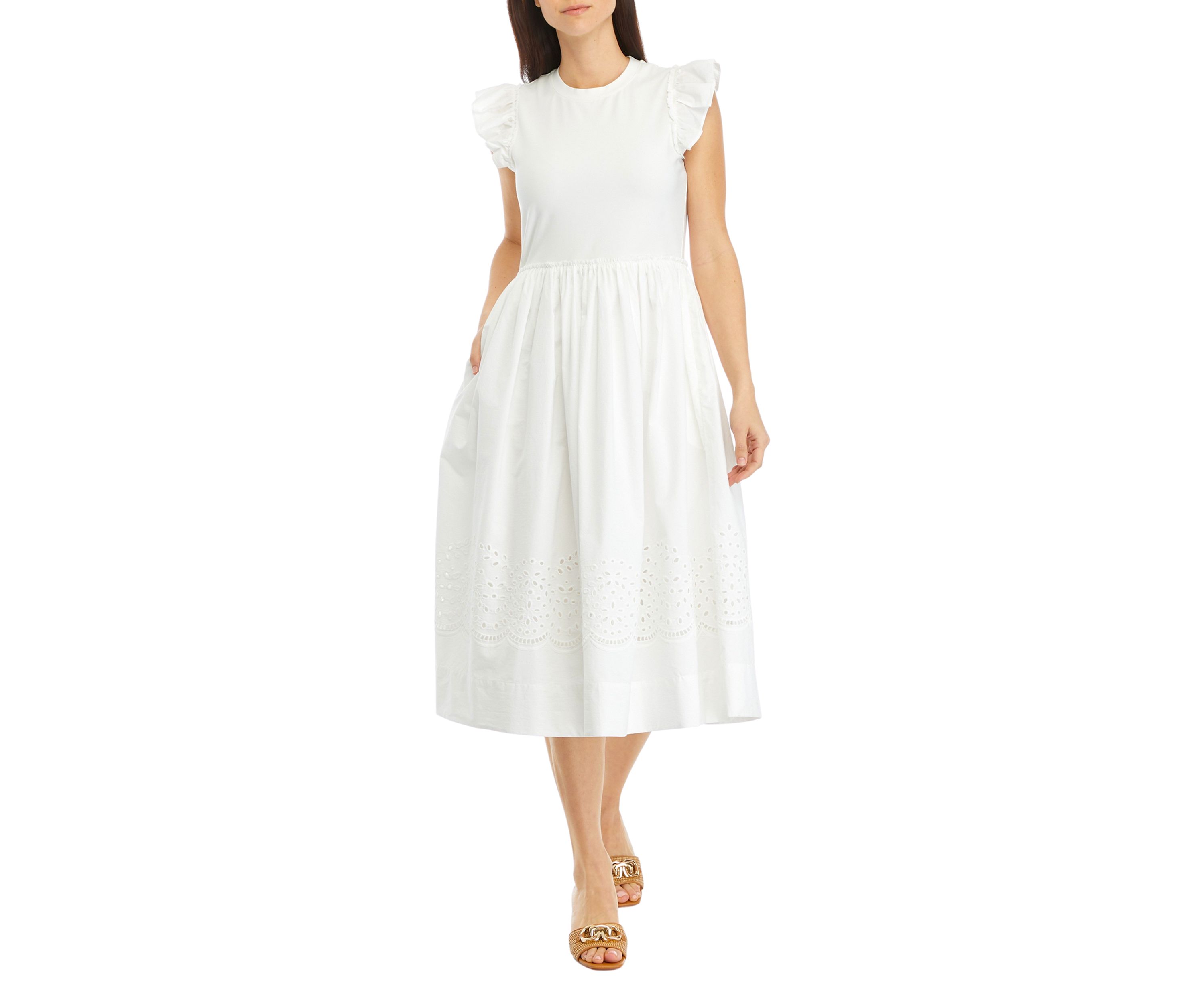 Womens Flutter Sleeve Mixed Media Eyelet Midi Dress