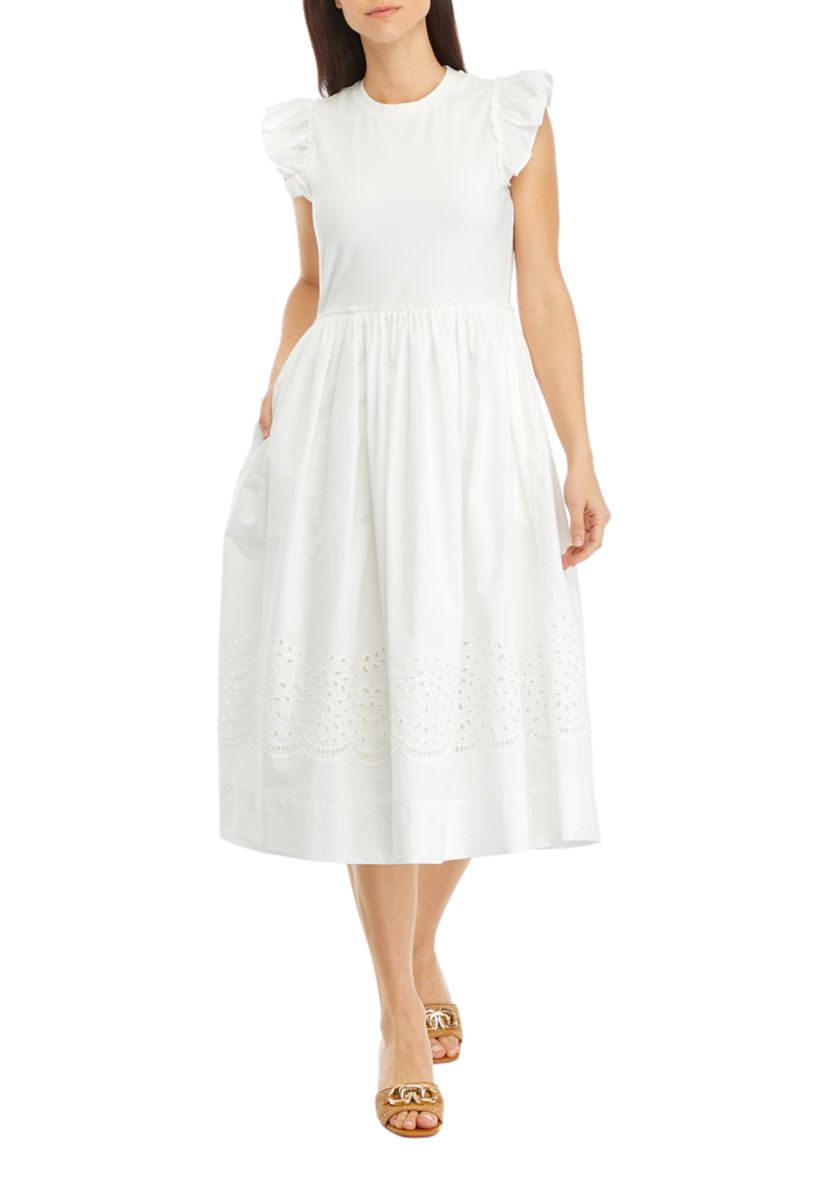 Womens Flutter Sleeve Mixed Media Eyelet Midi Dress
