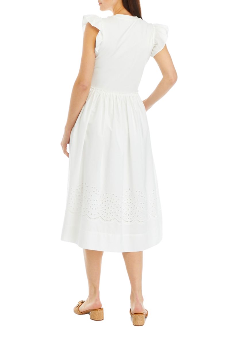 Womens Flutter Sleeve Mixed Media Eyelet Midi Dress