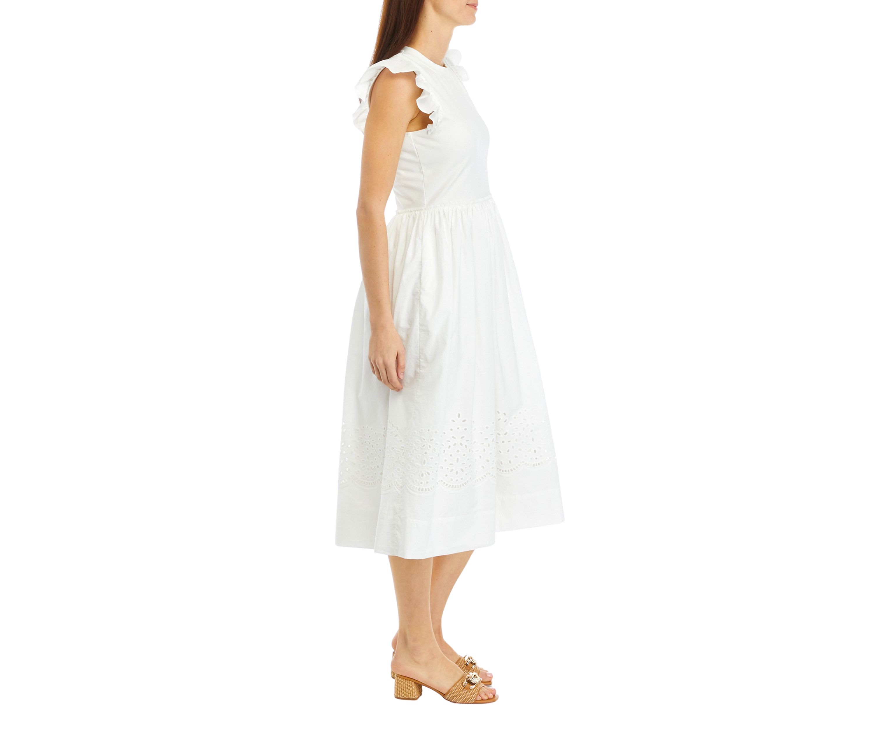 Womens Flutter Sleeve Mixed Media Eyelet Midi Dress