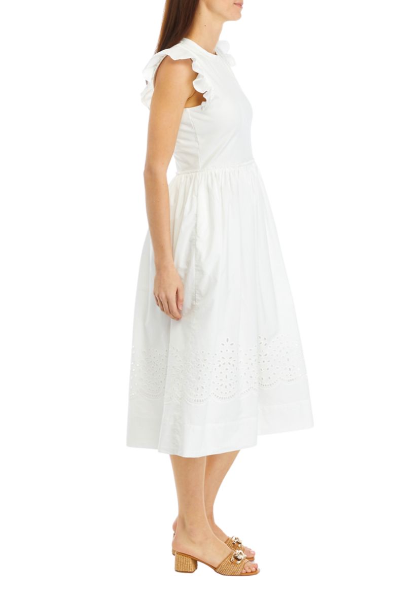Womens Flutter Sleeve Mixed Media Eyelet Midi Dress