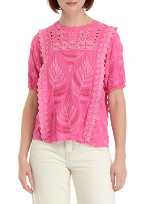 PHILOSOPHY BY REPUBLIC Women's Puff Sleeve Embroidered Woven Top