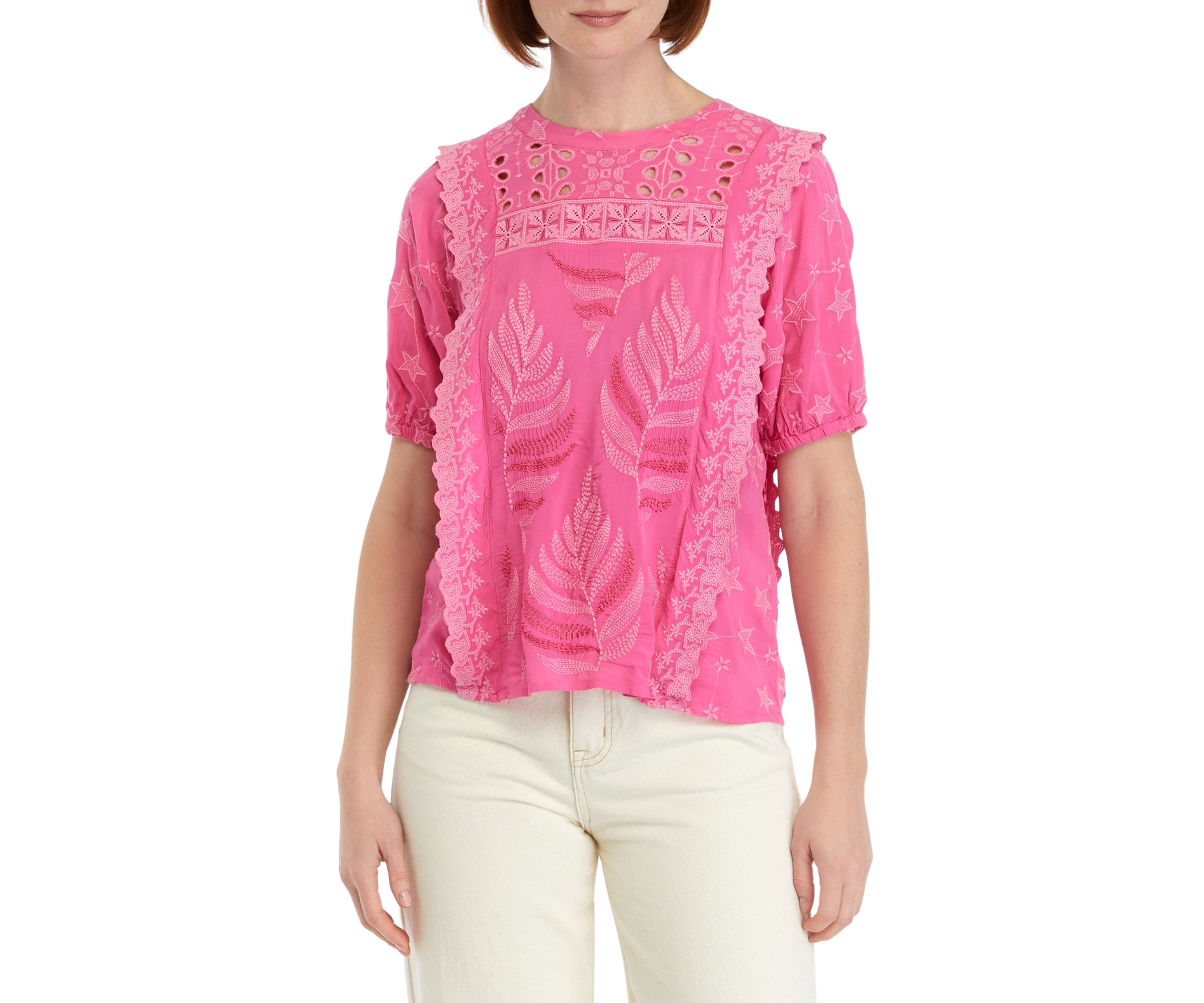 Womens Puff Sleeve Embroidered Woven Top