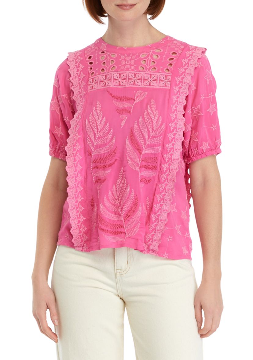 Womens Puff Sleeve Embroidered Woven Top