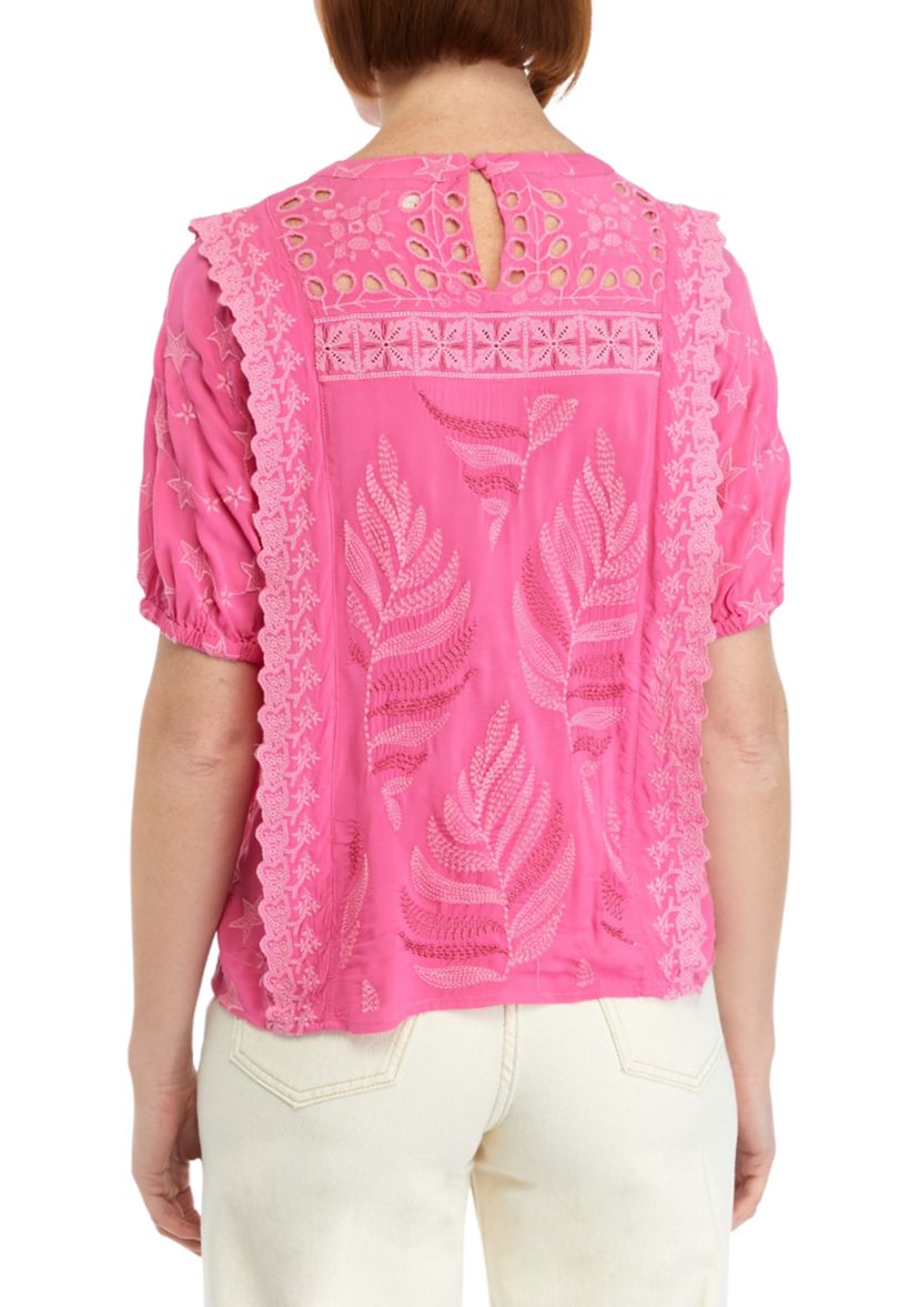 Womens Puff Sleeve Embroidered Woven Top