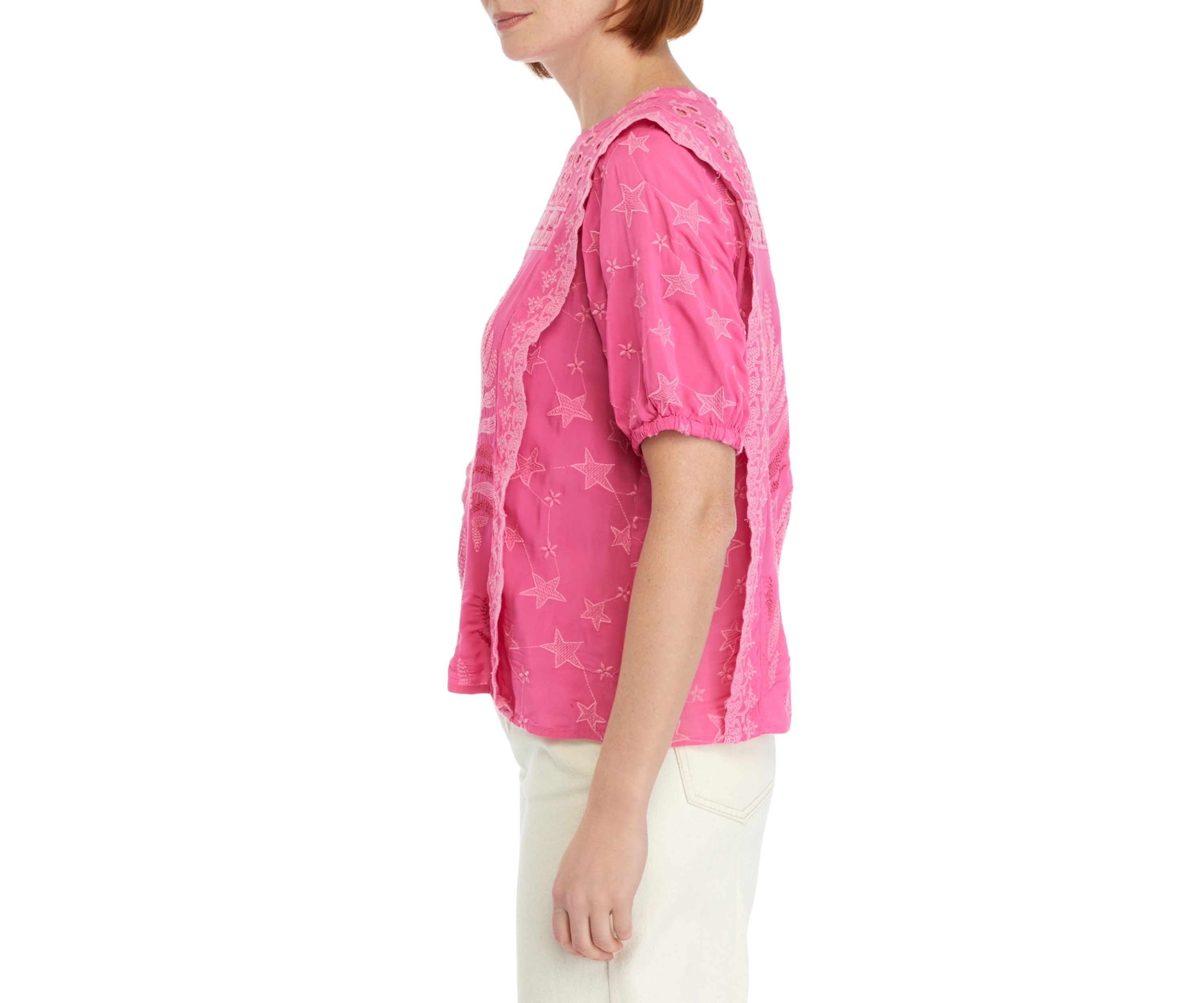 Womens Puff Sleeve Embroidered Woven Top