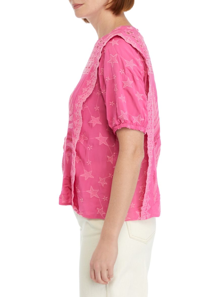 Womens Puff Sleeve Embroidered Woven Top