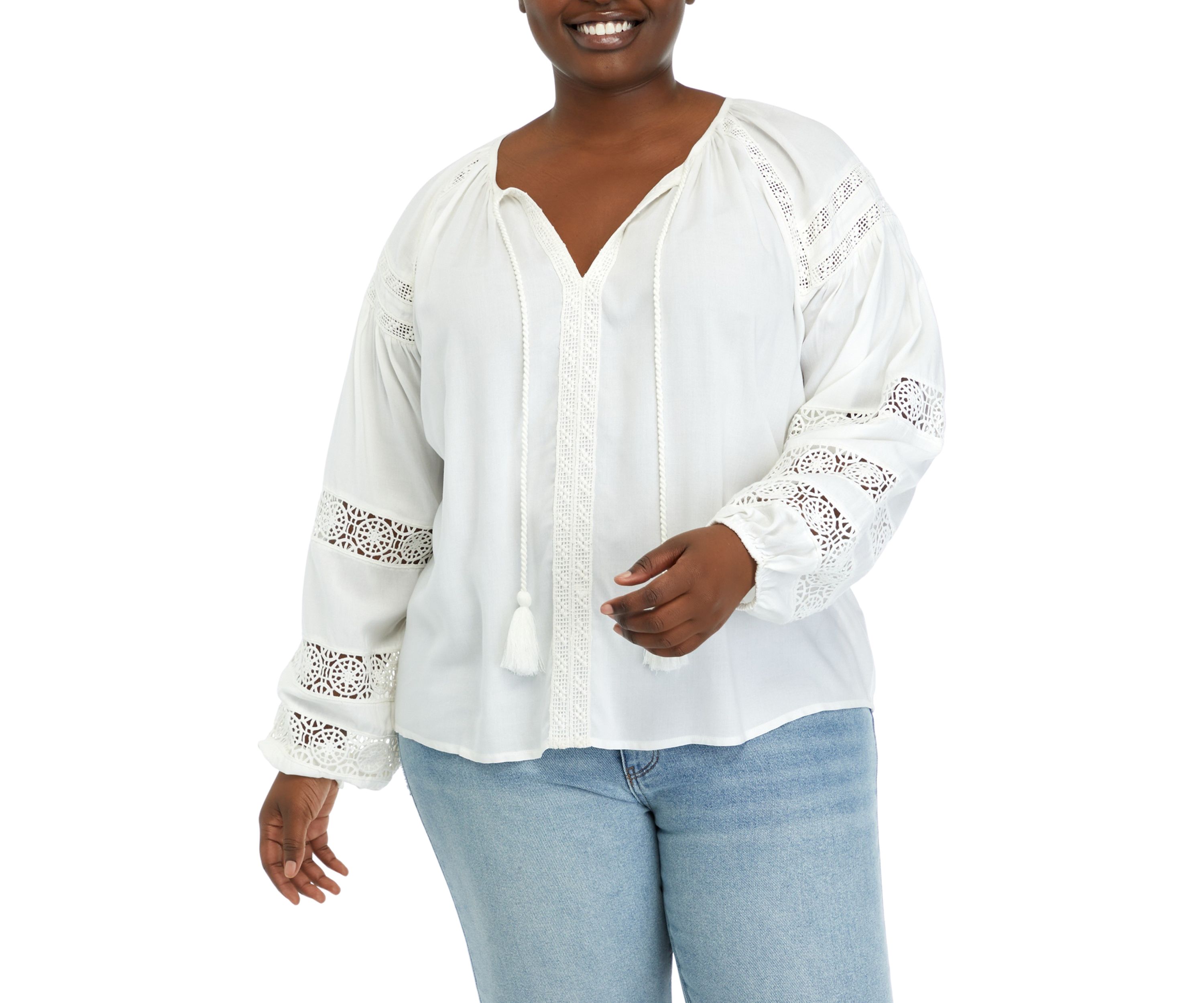 Plus Size Long Sleeve Tied Shirred Neck with Lace Inset Detail 