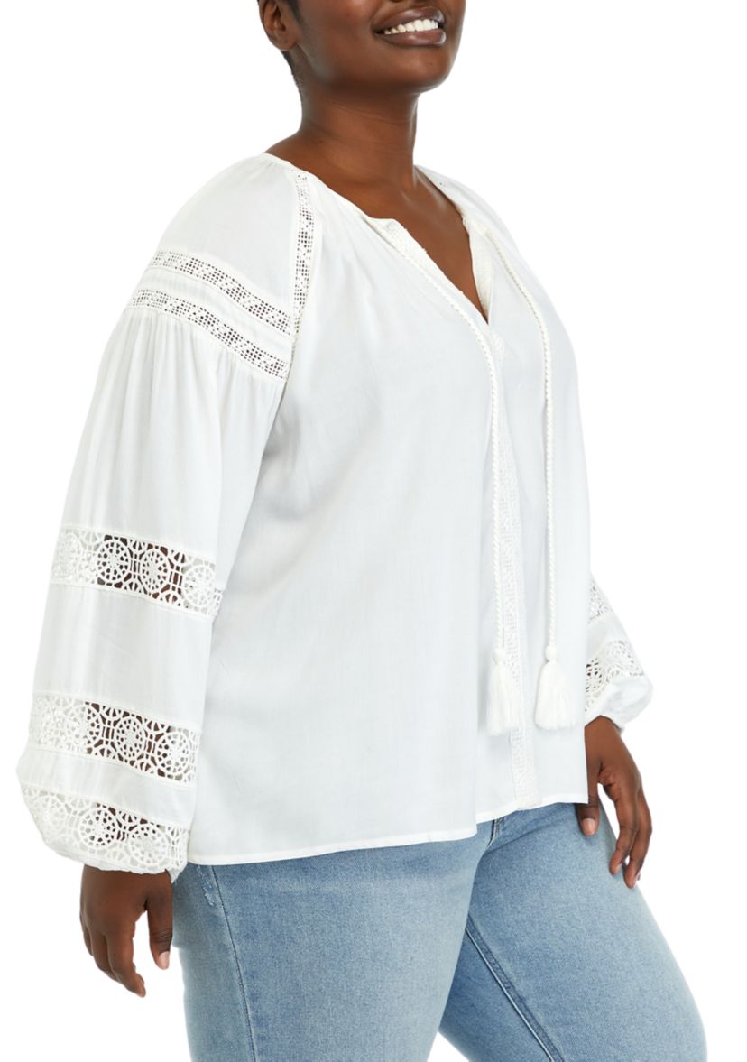 Plus Size Long Sleeve Tied Shirred Neck with Lace Inset Detail 