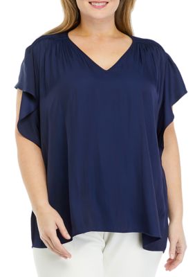 PHILOSOPHY BY REPUBLIC Women's Plus Size V-Neck Top with Shirred Shoulders, Navy Blue, 3X