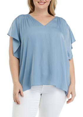 PHILOSOPHY BY REPUBLIC Women's Plus Size V-Neck Top with Shirred Shoulders, Blue, 3X