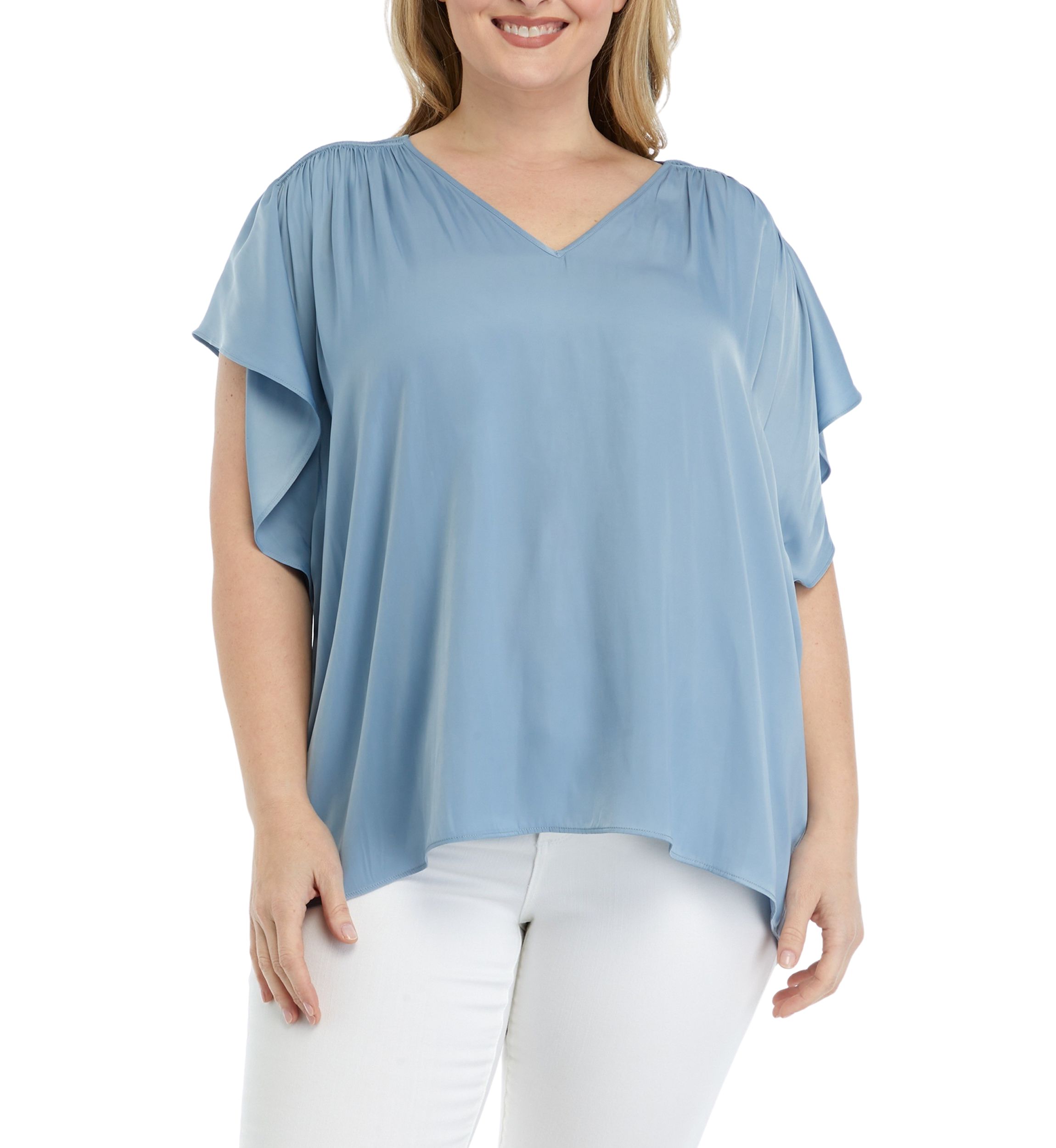 Plus Size V-Neck Top with Shirred Shoulders 