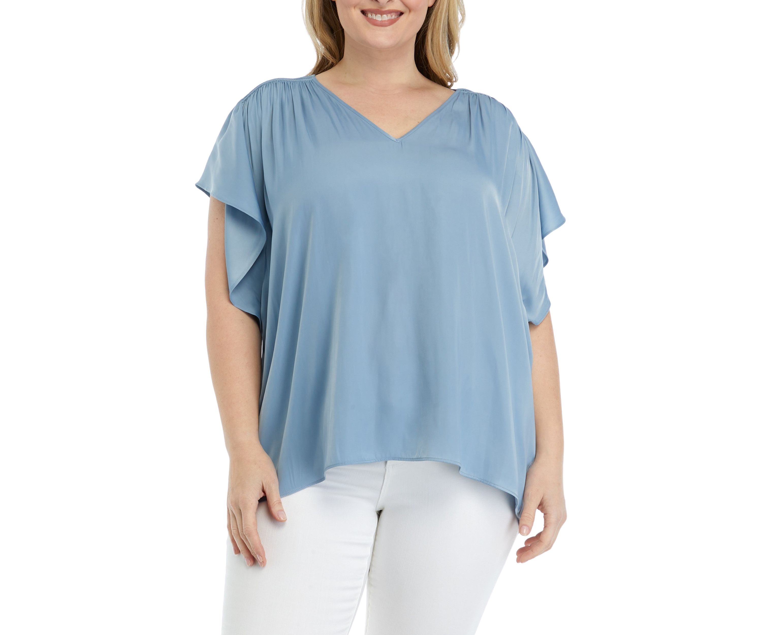Plus Size V-Neck Top with Shirred Shoulders 