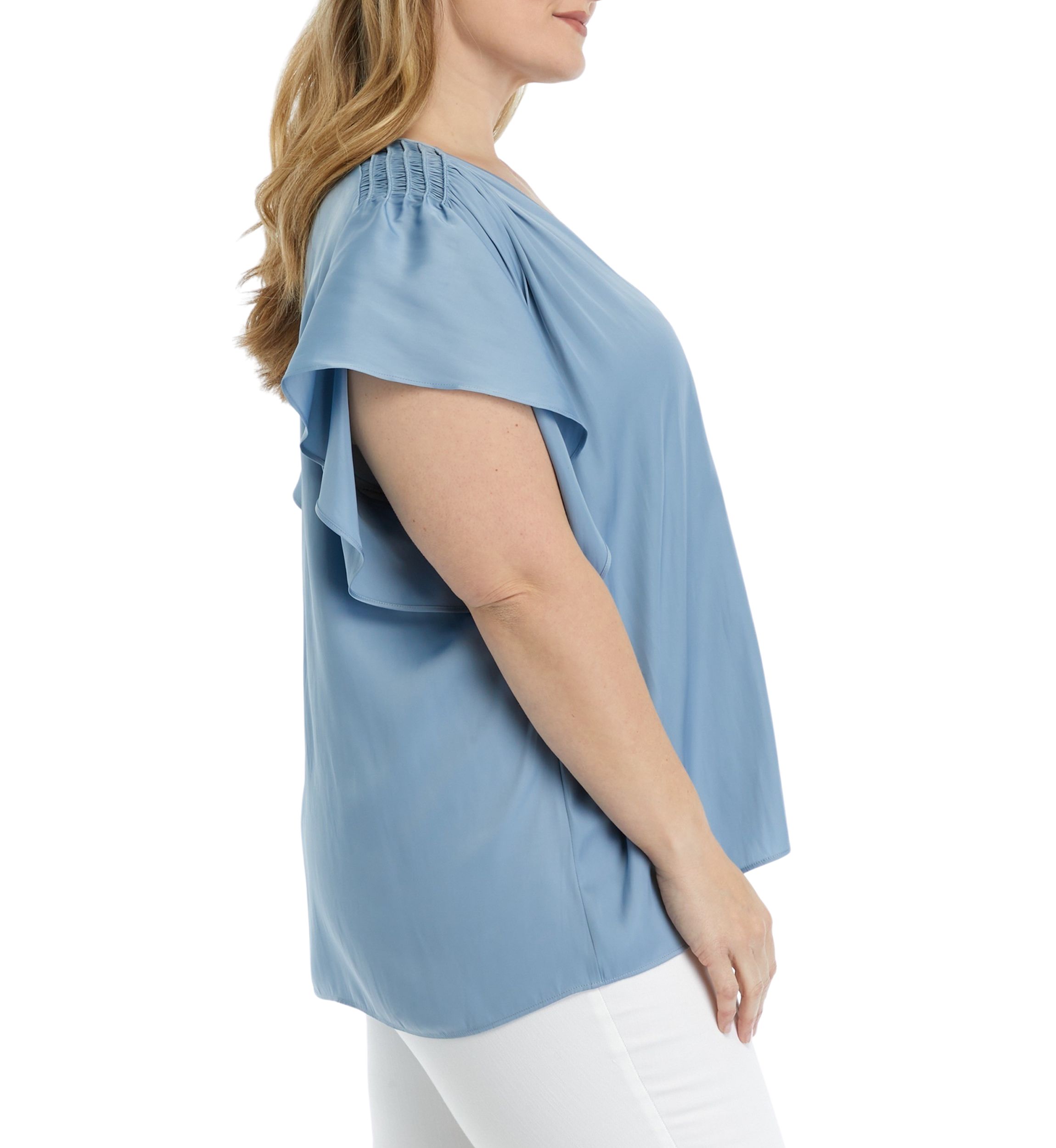 Plus Size V-Neck Top with Shirred Shoulders 