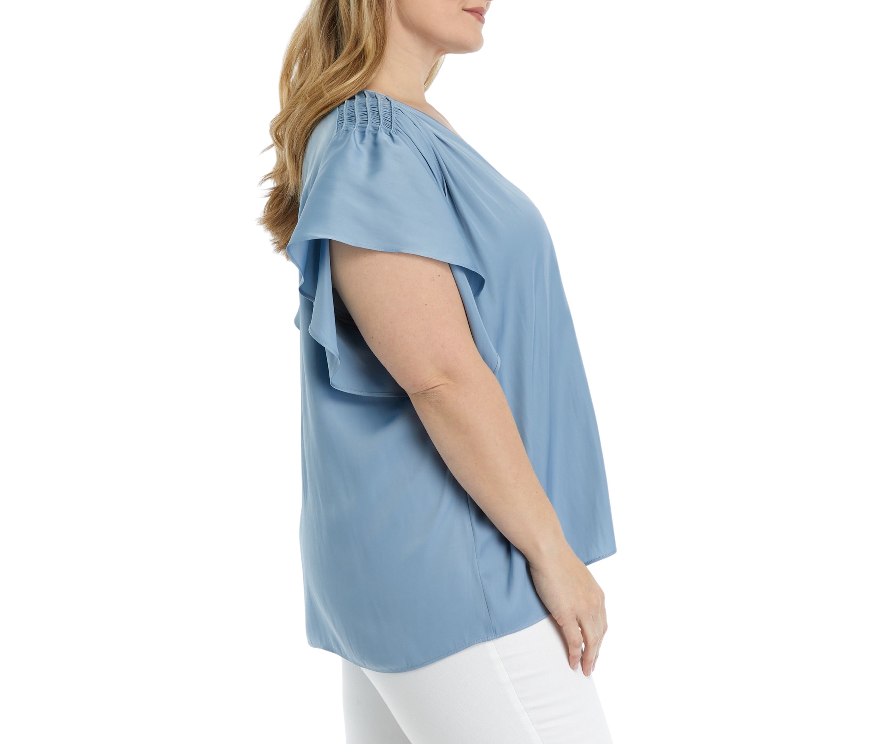 Plus Size V-Neck Top with Shirred Shoulders 