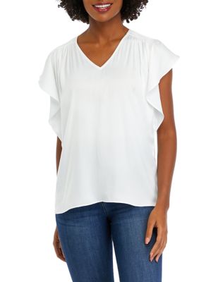 PHILOSOPHY BY REPUBLIC Women's Flutter Sleeve Smocked Shoulder Airflow Blouse, White, Small