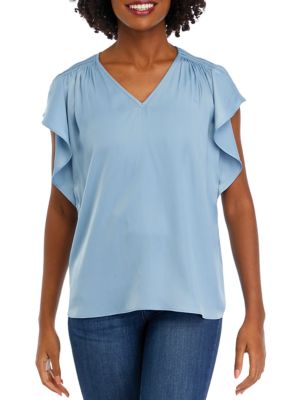 PHILOSOPHY BY REPUBLIC Women's Flutter Sleeve Smocked Shoulder Airflow Blouse, Blue, Small