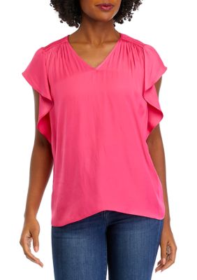 PHILOSOPHY BY REPUBLIC Women's Flutter Sleeve Smocked Shoulder Airflow Blouse, Pink, Medium