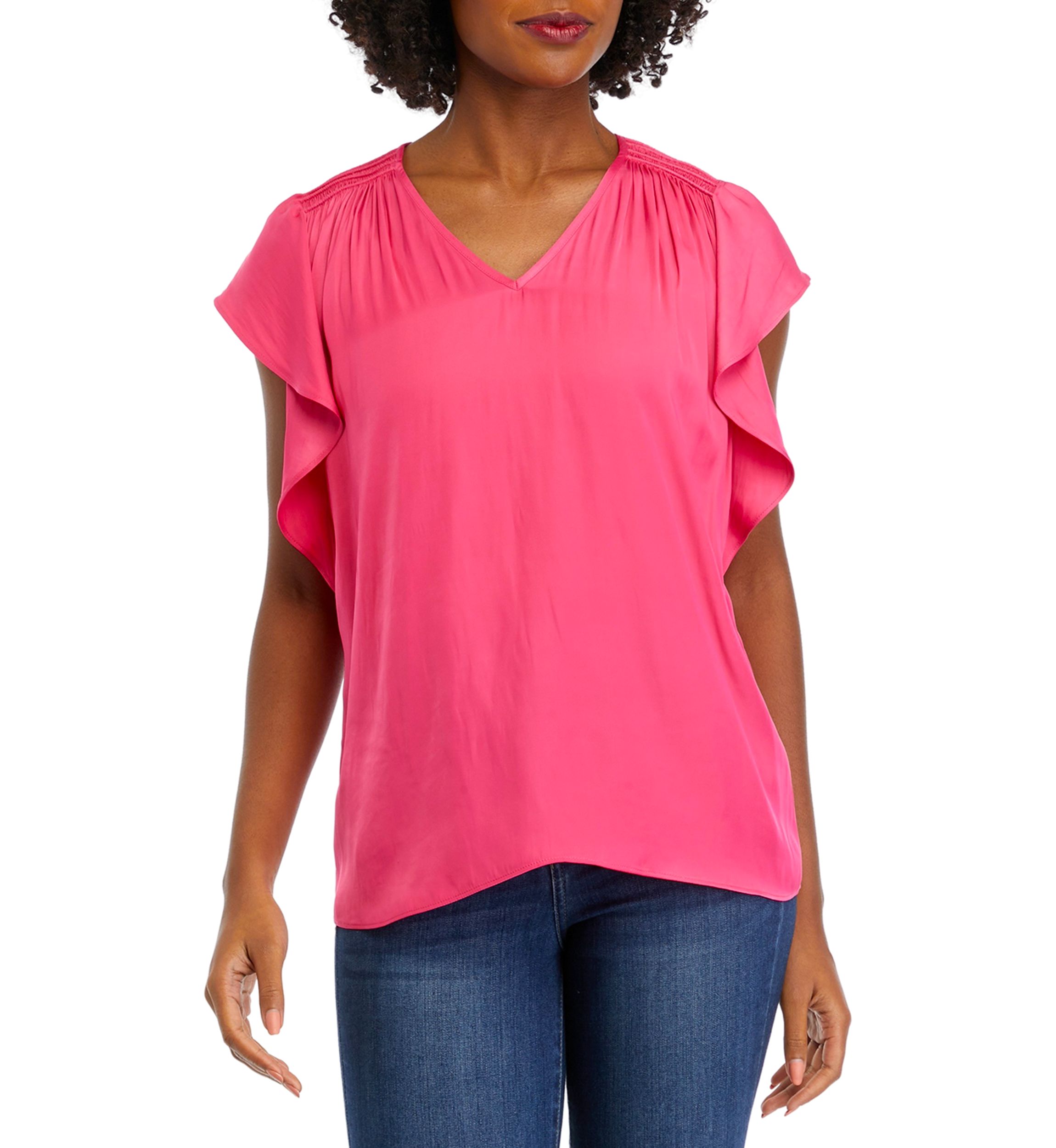 Womens Flutter Sleeve Smocked Shoulder Airflow Blouse