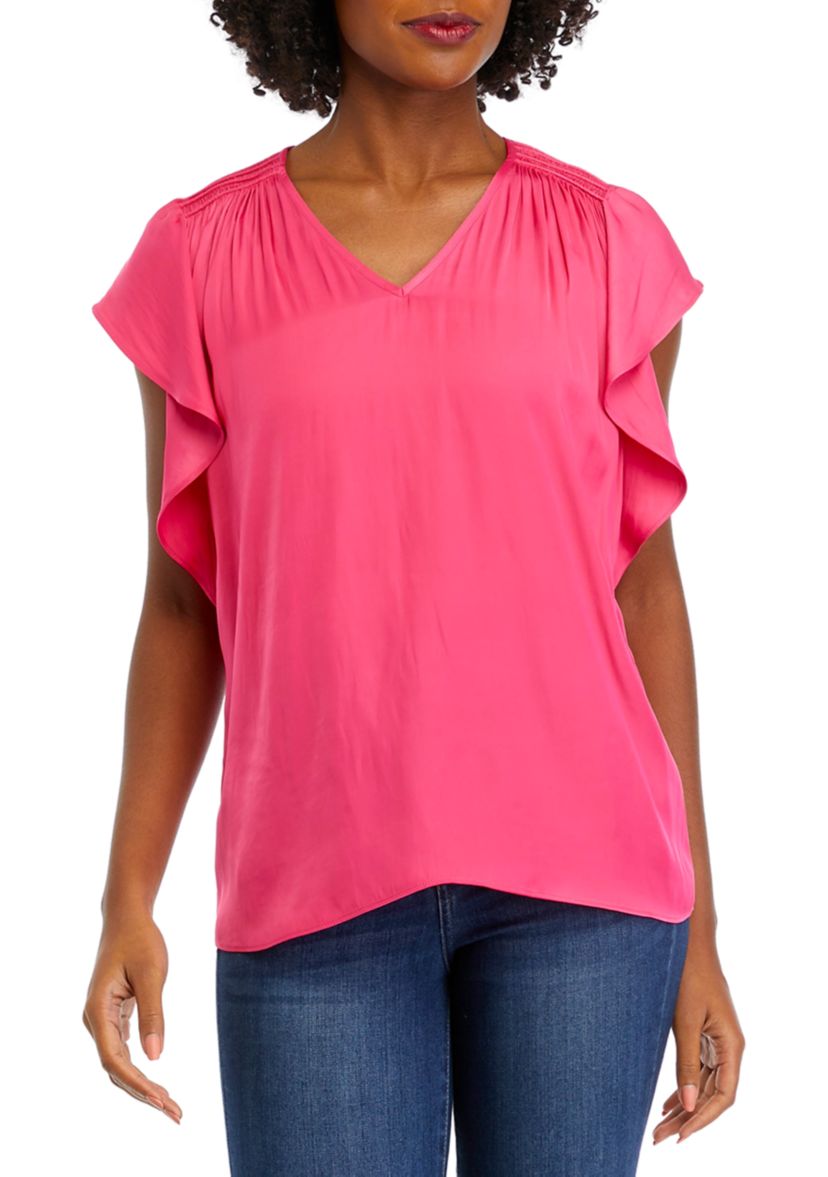 Womens Flutter Sleeve Smocked Shoulder Airflow Blouse